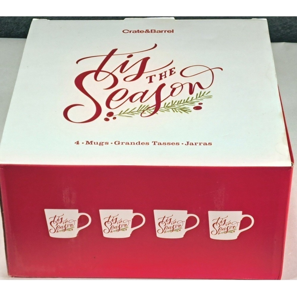 Crate and Barrel Tis the Season Mugs‎ Set of 4 White Red Christmas 16oz 371-673